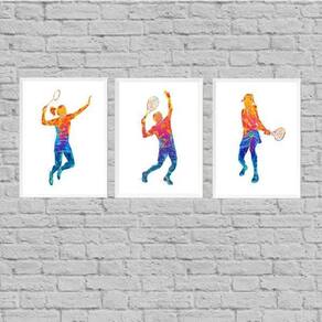 Kit 3 Quadros Esporte Tênis 33X24Cm - Com Vidro