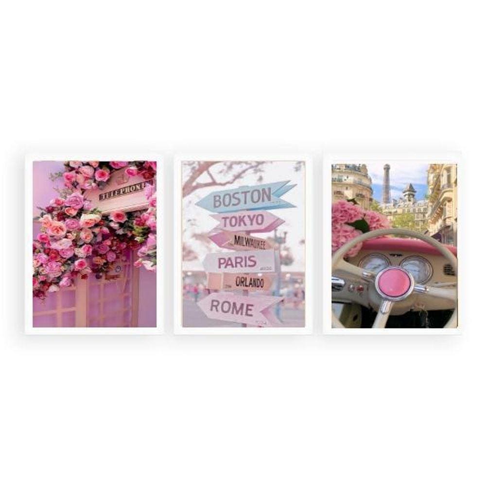 Kit 3 Quadros Femininos Fashion Rosa Cidades 24X18Cm