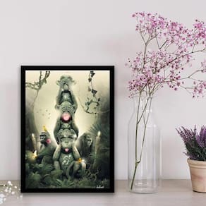 Quadro Três Macacos Sábios Modernos 45X34Cm Com Vidro Preta