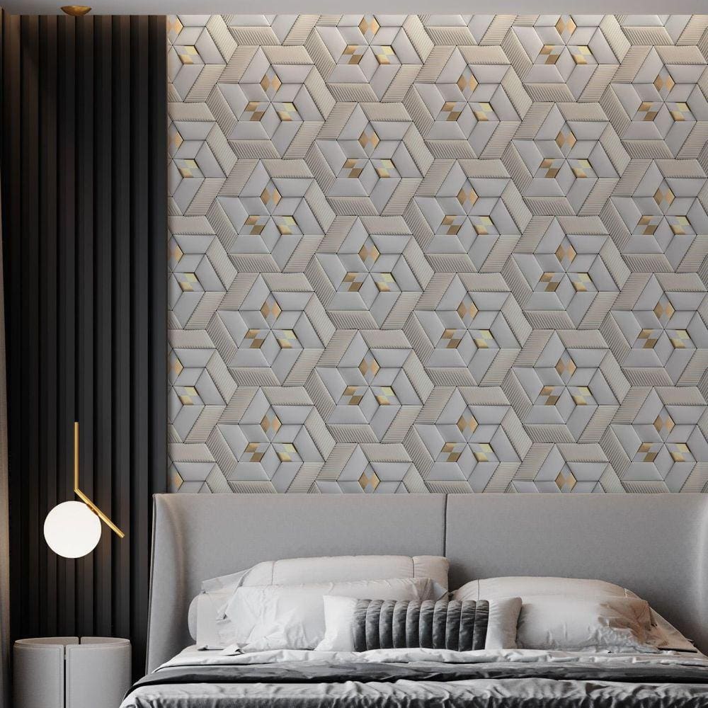 Kit 6 Rolos Papel De Parede Adesivo Geométrico Dourado 3,0M