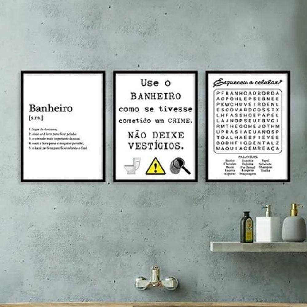 Kit 3 Quadros Divertidos Para Banheiro 33X24Cm - Com Vidro