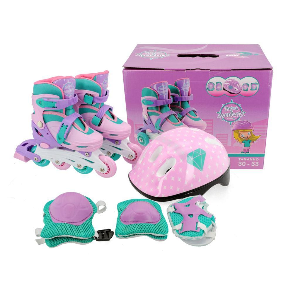 Patins 4 rodas Inline Triline Multiuso Ajustável Uni Toys Rosa com kit proteção