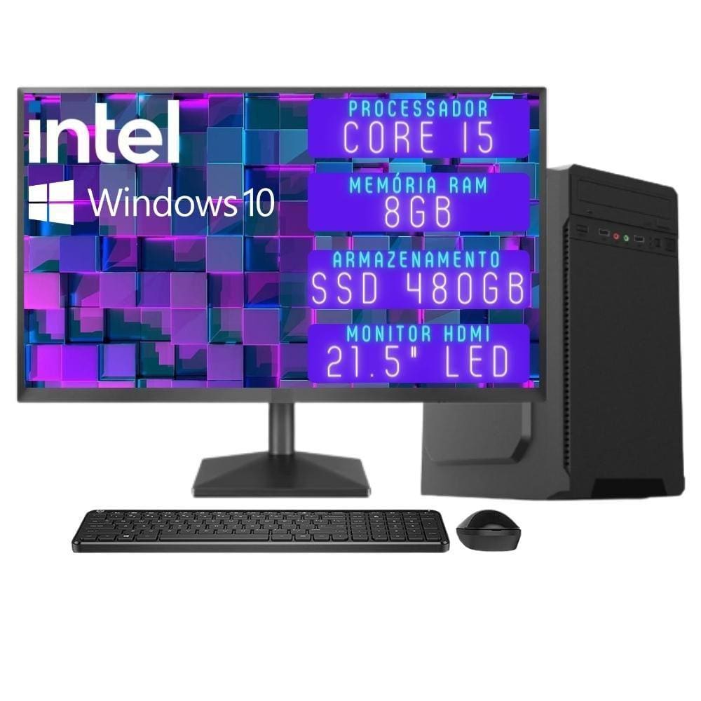 Computador Completo 3green Desktop Intel Core i5 8GB Monitor 21.5” Full HD HDMI SSD 480GB Windows 10 3D-117