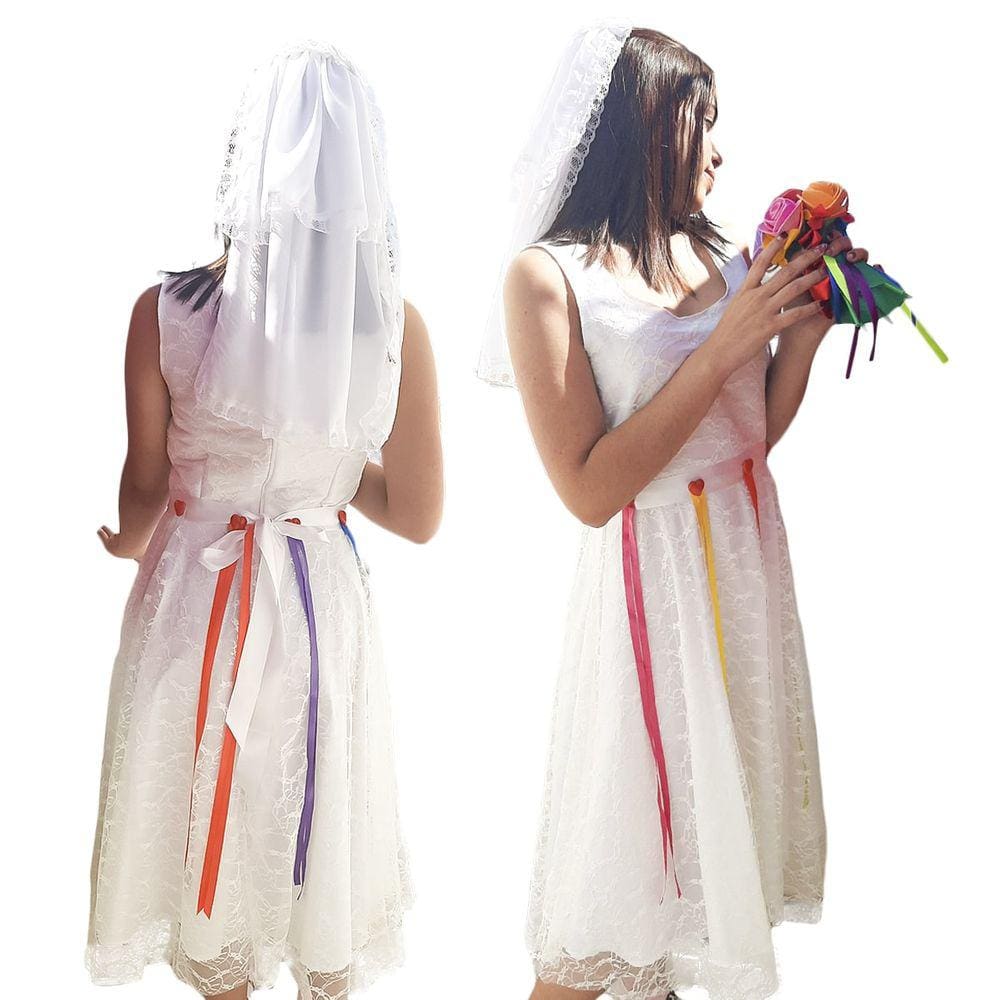 Vestido Festa Junina Noiva Adulta Sem Manga com Faixa e Véu