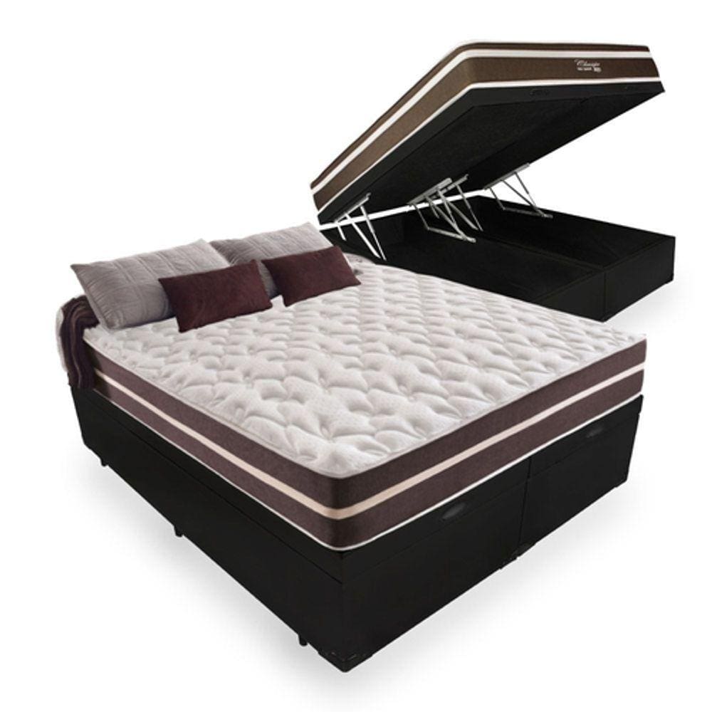 Cama Box Baú Queen 158 Tecido Sintético Preto com Colchão Little Angel - Bello Box - Mola Superlastic 62x158x198cm