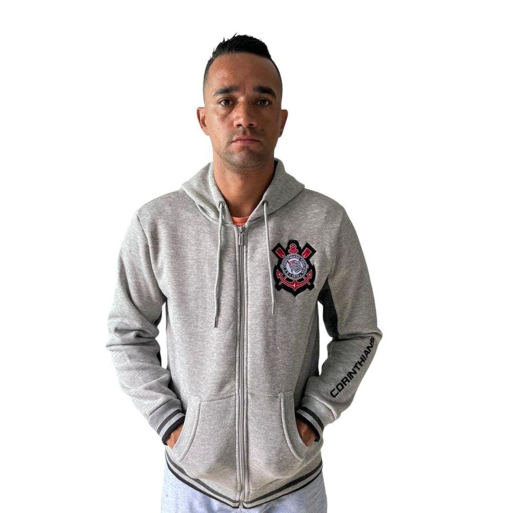 Jaqueta Corinthians Moleton C/ Zíper e Capuz Cinza