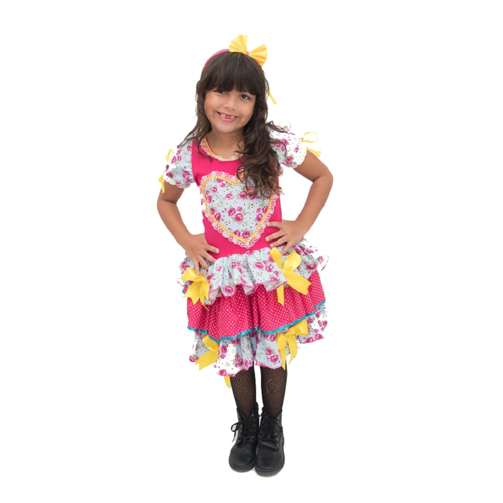 Vestido Junino Infantil Rosa Florido Caipira com Tiara