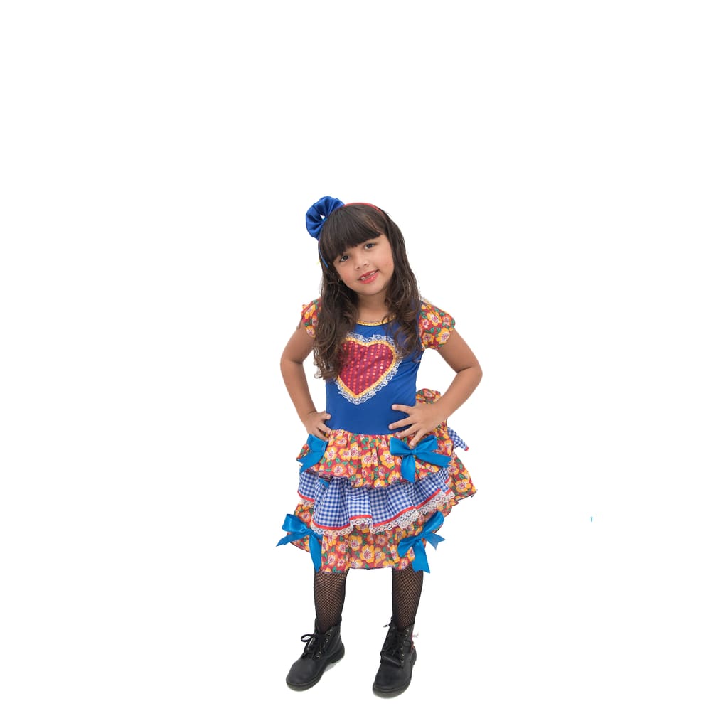 Vestido Festa Junina Infantil Azul Flor Caipira + Tiara