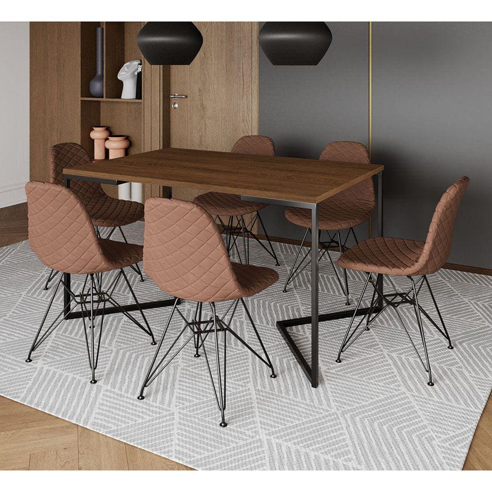 Mesa Industrial Retangular Base V 137x90cm Amêndoa 6 Cadeiras Eames Aço Preto Estofadas Caramelo