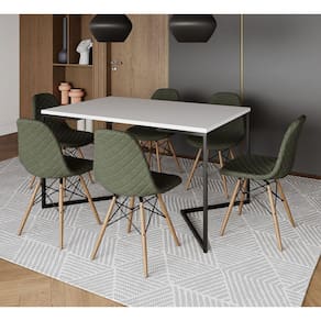 Mesa Industrial Retangular Base V Aço Preto 137x90cm Branca 6 Cadeiras Madeira Estofadas Verde