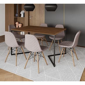 Mesa Industrial Retangular Base V Aço Preto 137x90cm Amêndoa 6 Cadeiras Madeira Estofadas Nude Médio