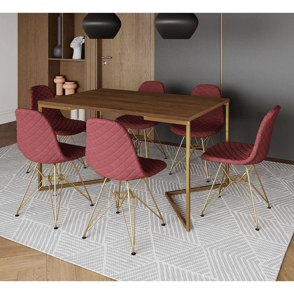 Mesa Industrial Retangular Amêndoa Base V Dourada 137x90cm 6 Cadeiras Dourada Estofadas Vermelhas