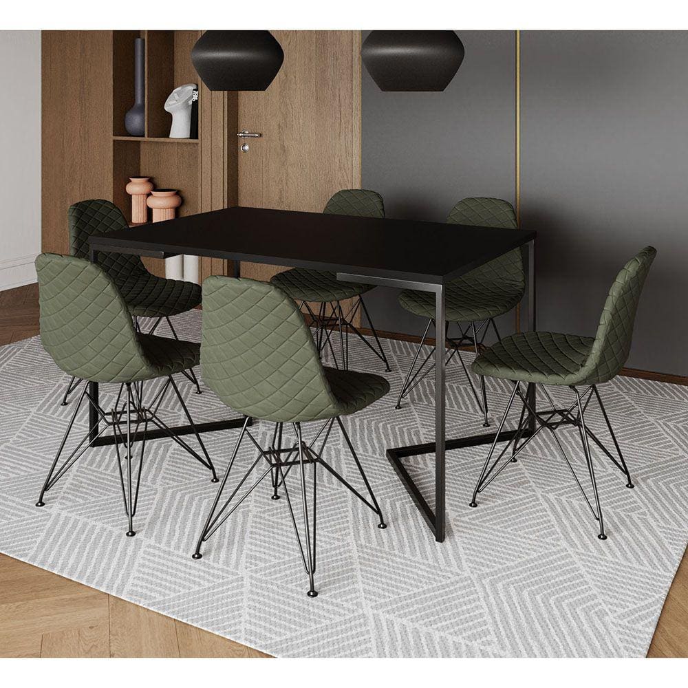 Mesa Industrial Retangular Base V 137x90cm Preta C/ 6 Cadeiras Estofadas Eames Verde Aço Preto