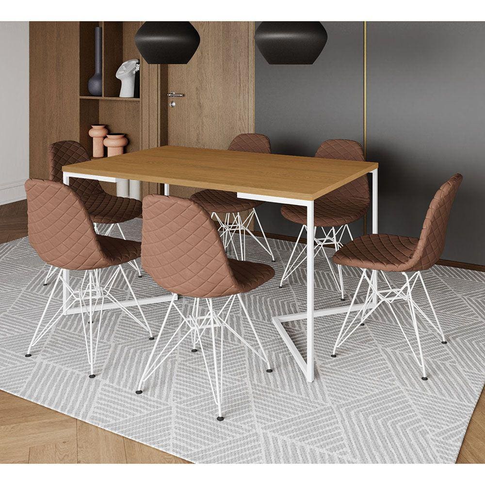 Mesa Industrial Retangular Canela Base V 137x90cm C/ 6 Cadeiras Eiffel Estofadas Caramelo Aço Branco