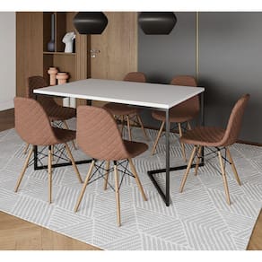 Mesa Jantar Industrial Branca 137x90cm Base V Aço Preto C/ 6 Cadeiras Madeira Estofadas Caramelo