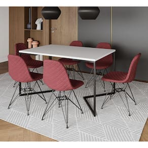 Mesa Jantar Industrial Branca 137x90cm Base V com 6 Cadeiras Estofadas Vermelhas Eiffel Aço Preto
