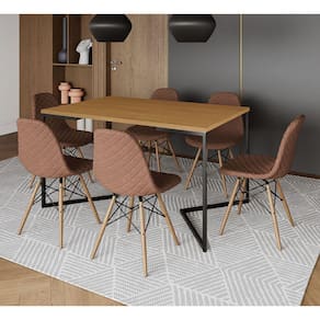 Mesa Jantar Industrial Canela 137x90cm Base V Aço Preto C/ 6 Cadeiras Madeira Estofadas Caramelo