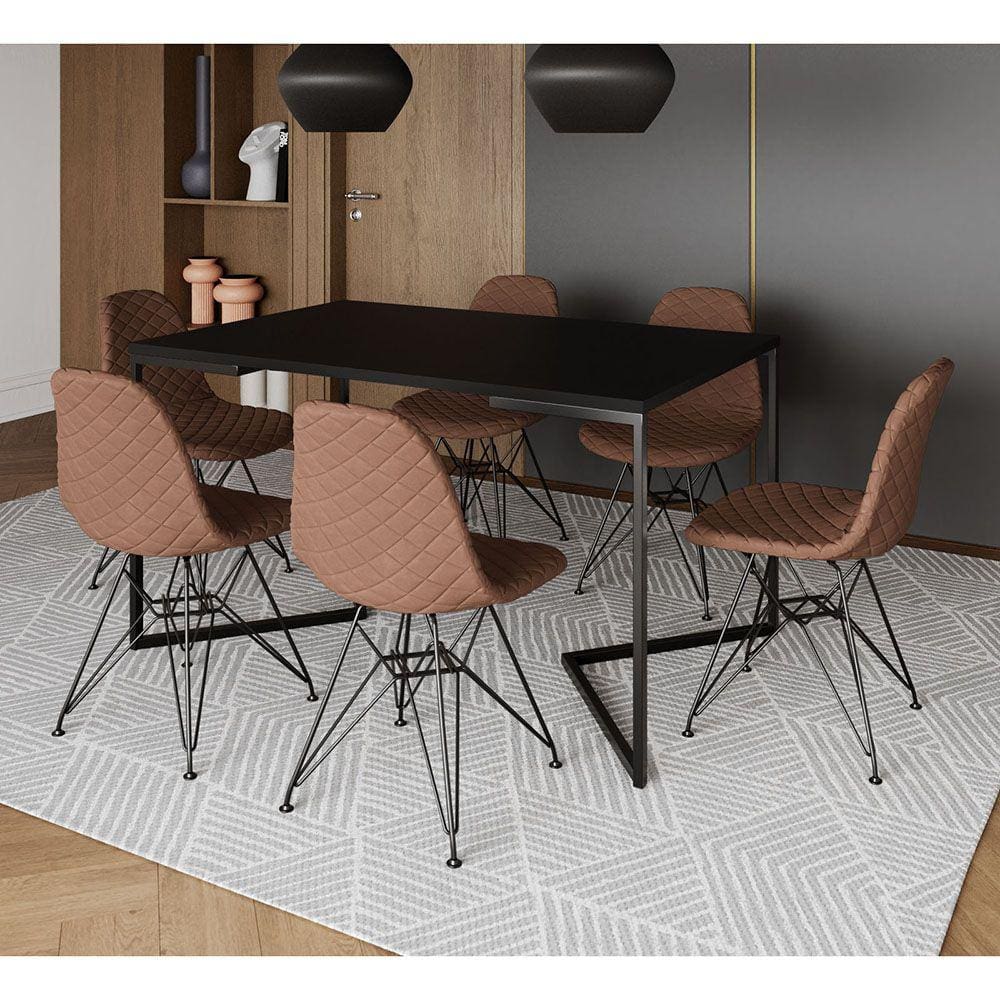 Mesa Jantar Industrial Preta 137x90cm Base V com 6 Cadeiras Estofadas Eames Caramelo Aço Preto