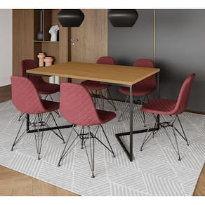 Mesa Jantar Industrial Canela 137x90cm Base V com 6 Cadeiras Estofadas Eiffel Vermelhas Aço Preto
