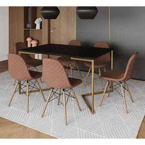 Mesa Jantar Industrial Preta Base V Dourada 137x90cm com 6 Cadeiras Estofadas Caramelo Madeira