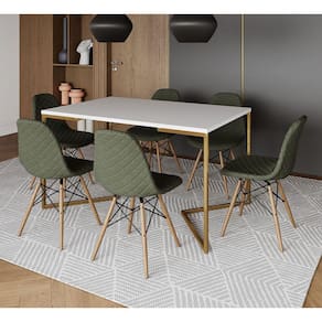 Mesa Jantar Industrial Branca Base V Dourada 137x90cm 6 Cadeiras Eames Madeira Estofadas Verdes