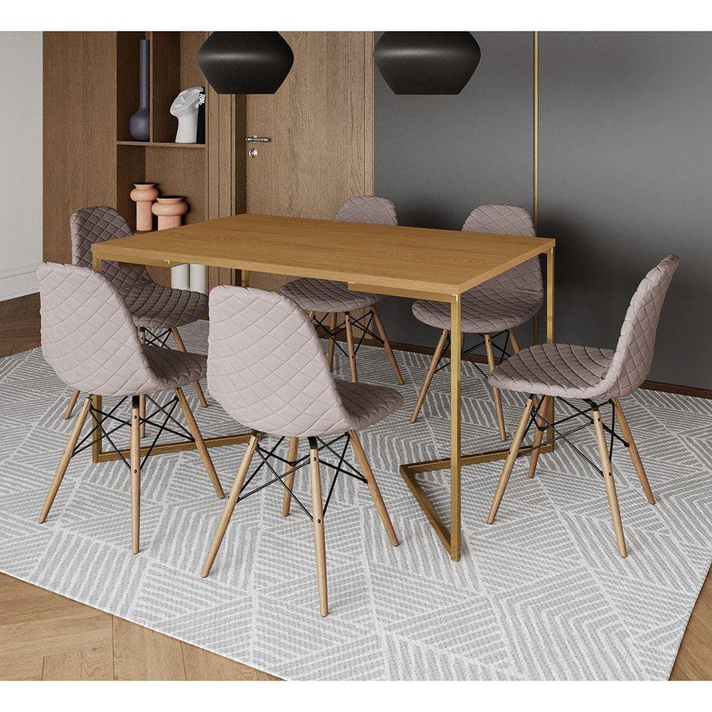 Mesa Jantar Industrial Canela Base V Dourada 137x90cm C/ 6 Cadeiras Madeira Estofadas Nude Médio