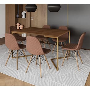 Mesa Jantar Industrial Amêndoa Base V Dourada 137x90cm C/ 6 Cadeiras Madeira Estofadas Caramelo