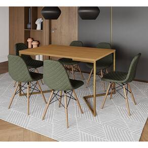 Mesa Jantar Industrial Canela Base V Dourada 137x90cm C/ 6 Cadeiras Madeira Estofadas Verdes
