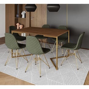 Mesa Jantar Industrial Amêndoa Base V Dourada 137x90cm 6 Cadeiras Dourada Estofadas Verdes