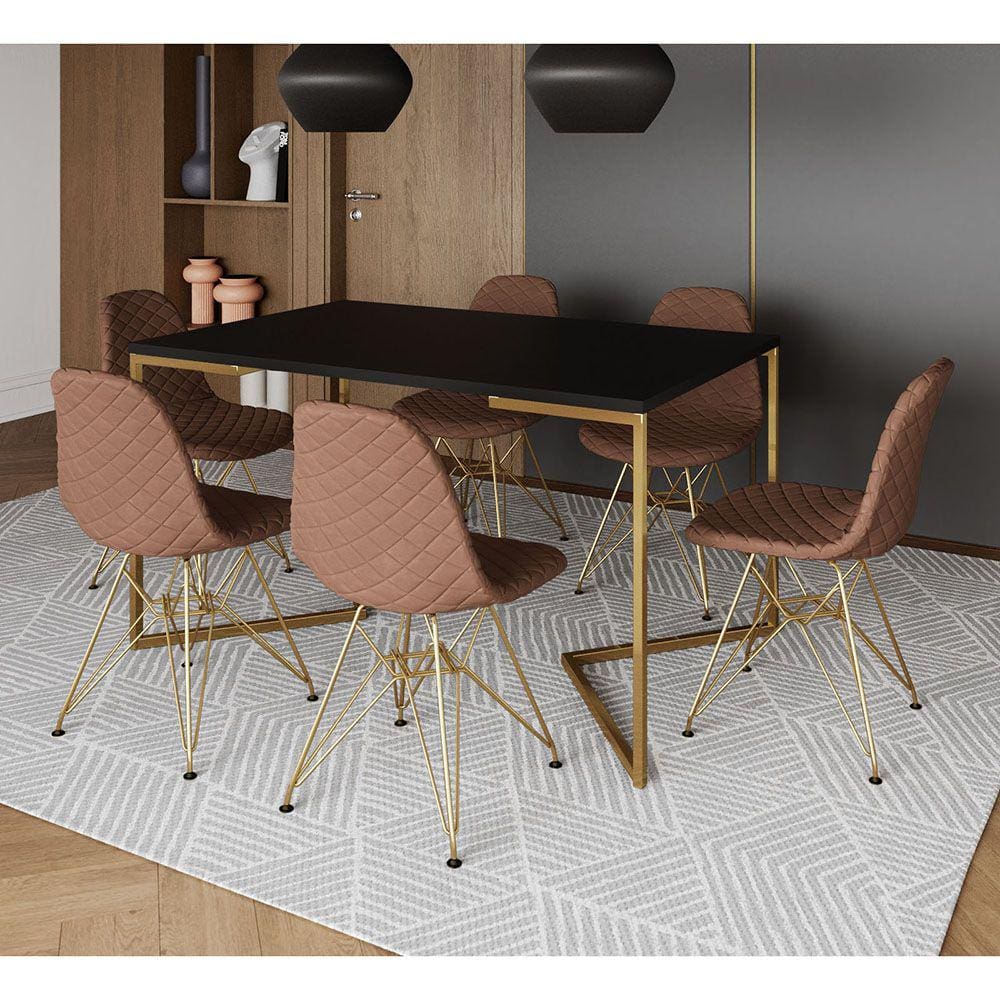 Mesa Jantar Industrial Preta Base V Dourada 137x90cm 6 Cadeiras Estofadas Caramelo Dourada