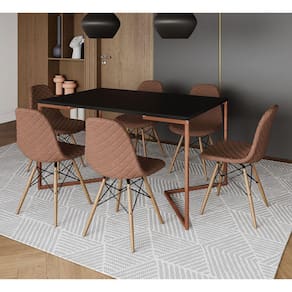 Mesa Jantar Industrial Preta Base V Cobre 137x90cm 6 Cadeiras Estofadas Eames Caramelo Madeira