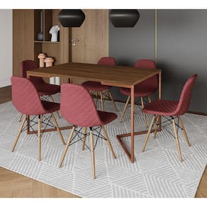 Mesa Jantar Industrial Amêndoa Base V Cobre 137x90cm com 6 Cadeiras Madeira Estofadas Vermelhas