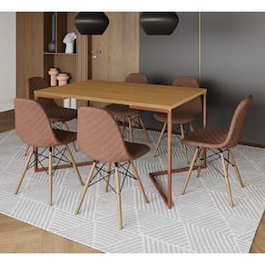 Mesa Jantar Industrial Canela Base V Cobre 137x90cm com 6 Cadeiras Madeira Estofadas Caramelo