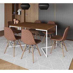Mesa Jantar Industrial Amêndoa Base V Aço Branco 137x90cm 6 Cadeiras Madeira Estofadas Caramelo