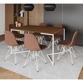 Mesa Jantar Industrial Amêndoa Base V 137x90cm 6 Cadeiras Estofadas Eames Caramelo Aço Branco