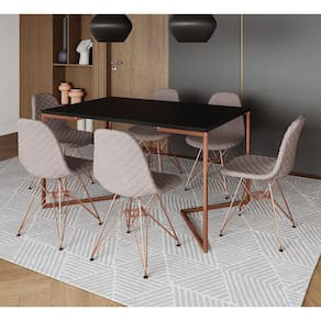 Mesa Jantar Industrial Preta Base V Cobre 137x90cm C/ 6 Cadeiras Estofadas Nude Médio Eames Cobre