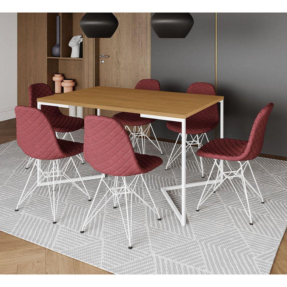 Mesa Jantar Industrial Canela Base V 137x90cm C/ 6 Cadeiras Eiffel Estofadas Vermelhas Aço Branco