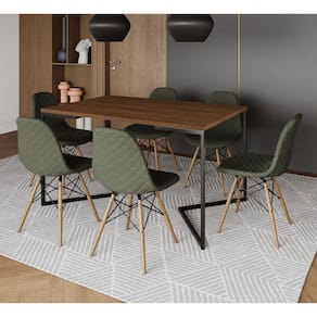 Mesa Jantar Industrial Amêndoa 137x90cm Base V Aço Preto C/ 6 Cadeiras Madeira Estofadas Verdes