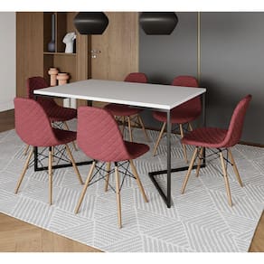 Mesa Jantar Industrial Branca 137x90cm Base V Aço Preto C/ 6 Cadeiras Madeira Estofadas Vermelhas