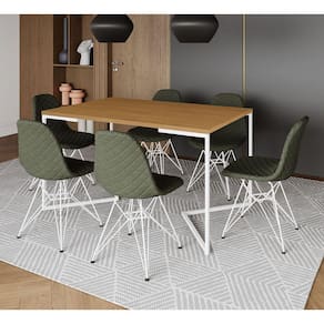 Mesa Jantar Industrial Canela Base V 137x90cm C/ 6 Cadeiras Eiffel Estofadas Verdes Aço Branco