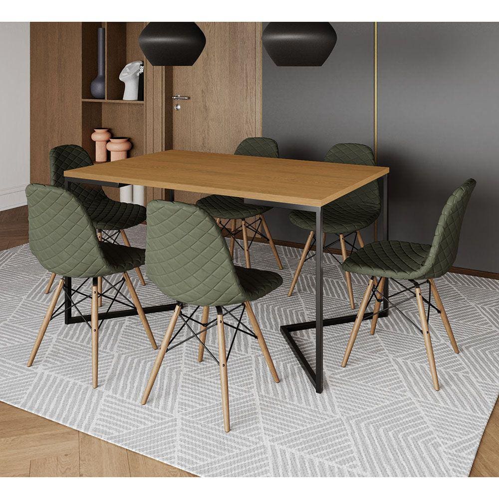 Mesa Jantar Industrial Canela 137x90cm Base V Aço Preto C/ 6 Cadeiras Madeira Estofadas Verdes