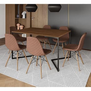 Mesa Jantar Industrial Amêndoa 137x90cm Base V Aço Preto C/ 6 Cadeiras Madeira Estofadas Caramelo
