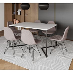 Mesa Jantar Industrial Branca 137x90cm Base V com 6 Cadeiras Estofadas Nude Médio Eiffel Aço Preto