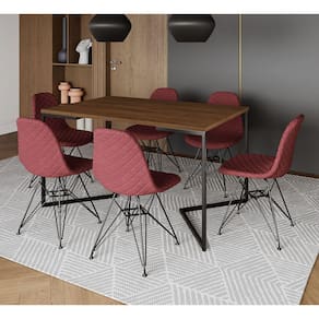 Mesa Jantar Industrial Amêndoa 137x90cm Base V com 6 Cadeiras Eames Aço Preto Estofadas Vermelhas