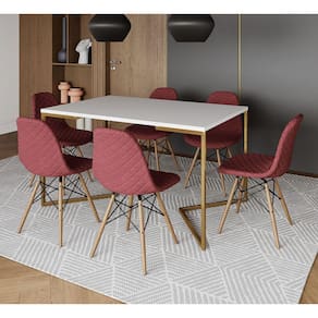 Mesa Jantar Industrial Branca Base V Dourada 137x90cm 6 Cadeiras Eames Madeira Estofadas Vermelhas