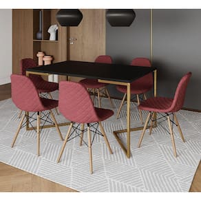 Mesa Jantar Industrial Preta Base V Dourada 137x90cm com 6 Cadeiras Estofadas Vermelhas Madeira