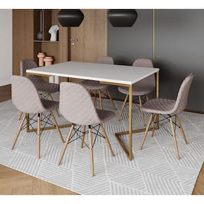 Mesa Jantar Industrial Branca Base V Dourada 137x90cm 6 Cadeiras Eames Madeira Estofadas Nude Médio