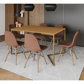 Mesa Jantar Industrial Canela Base V Dourada 137x90cm C/ 6 Cadeiras Madeira Estofadas Caramelo