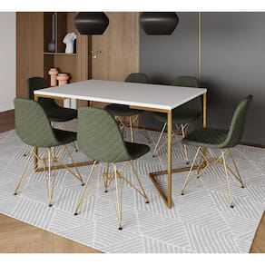 Mesa Jantar Industrial Branca Base V Dourada 137x90cm 6 Cadeiras Estofadas Verdes Dourada