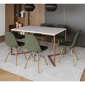 Mesa Jantar Industrial Branca Base V Cobre 137x90cm com 6 Cadeiras Madeira Estofadas Verdes